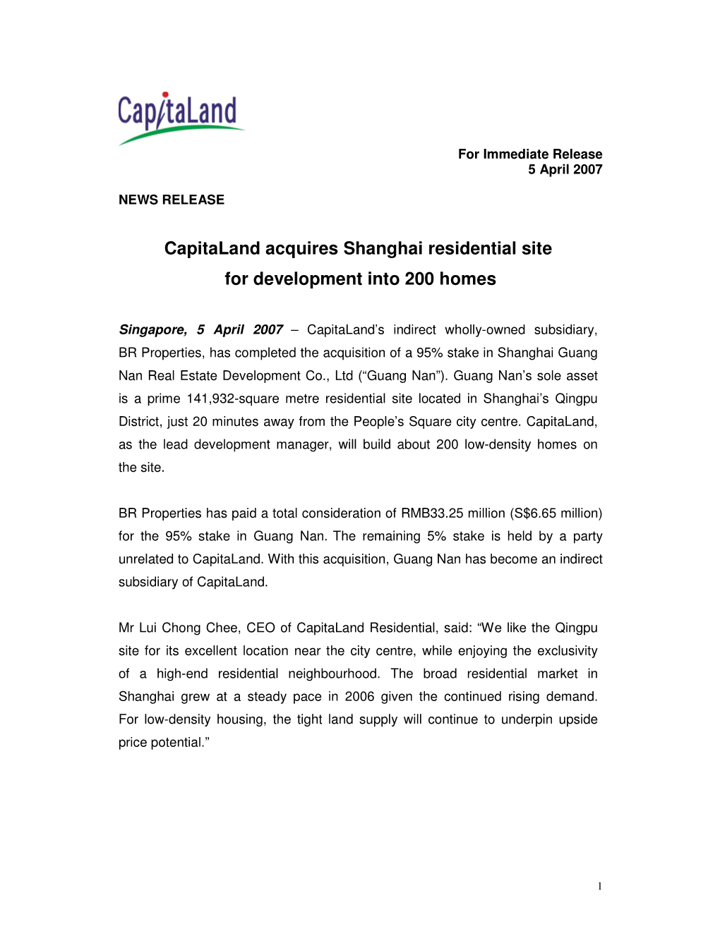 Capitaland Acquires Shanghai Residential Site for Development Into 200 Homes