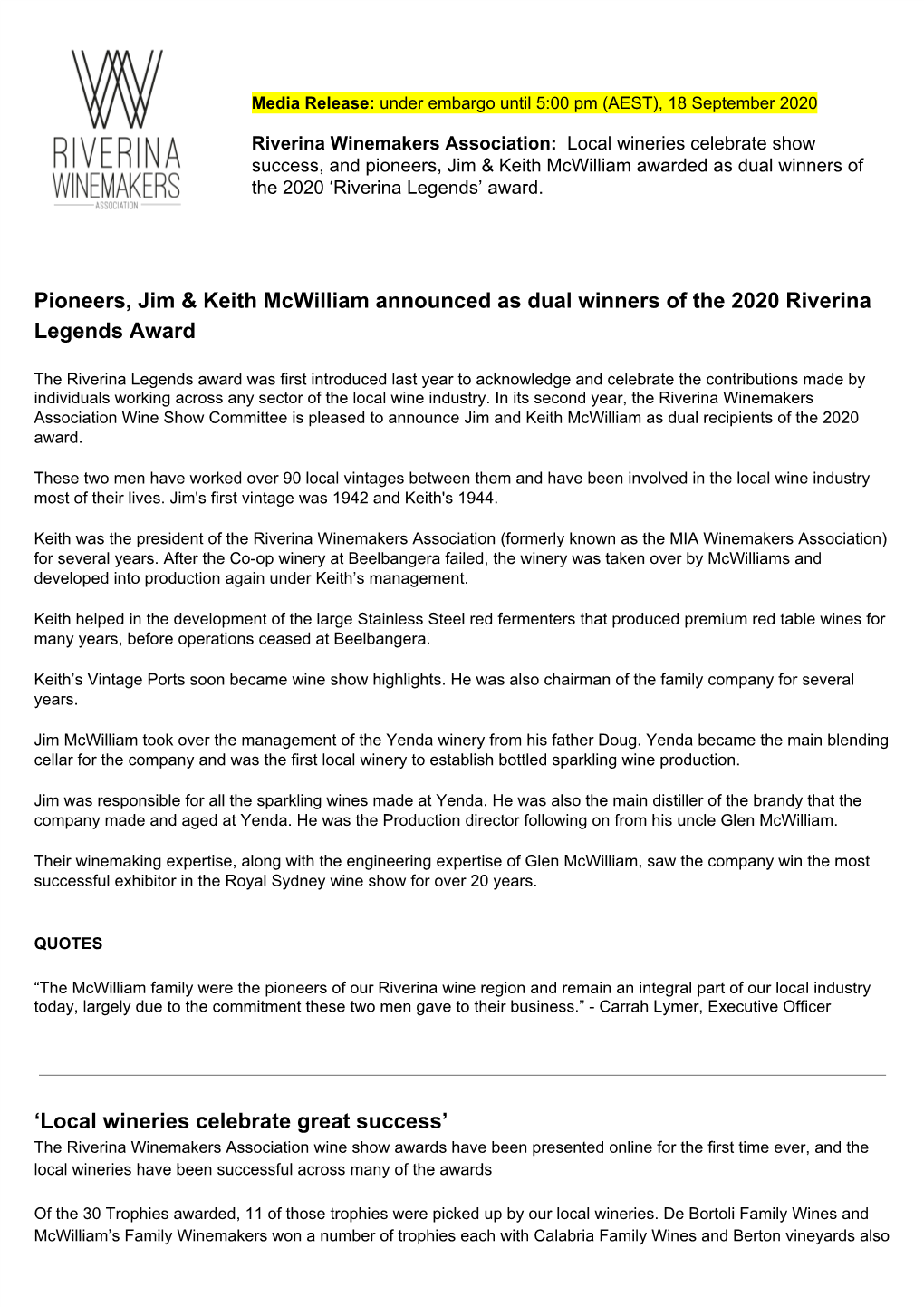 Pioneers, Jim & Keith Mcwilliam Announced As Dual Winners of the 2020 Riverina Legends Award 'Local Wineries Celebrate
