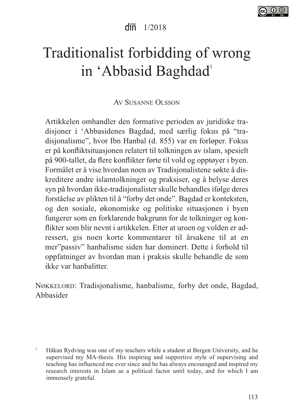 Traditionalist Forbidding of Wrong in ‘Abbasid Baghdad1