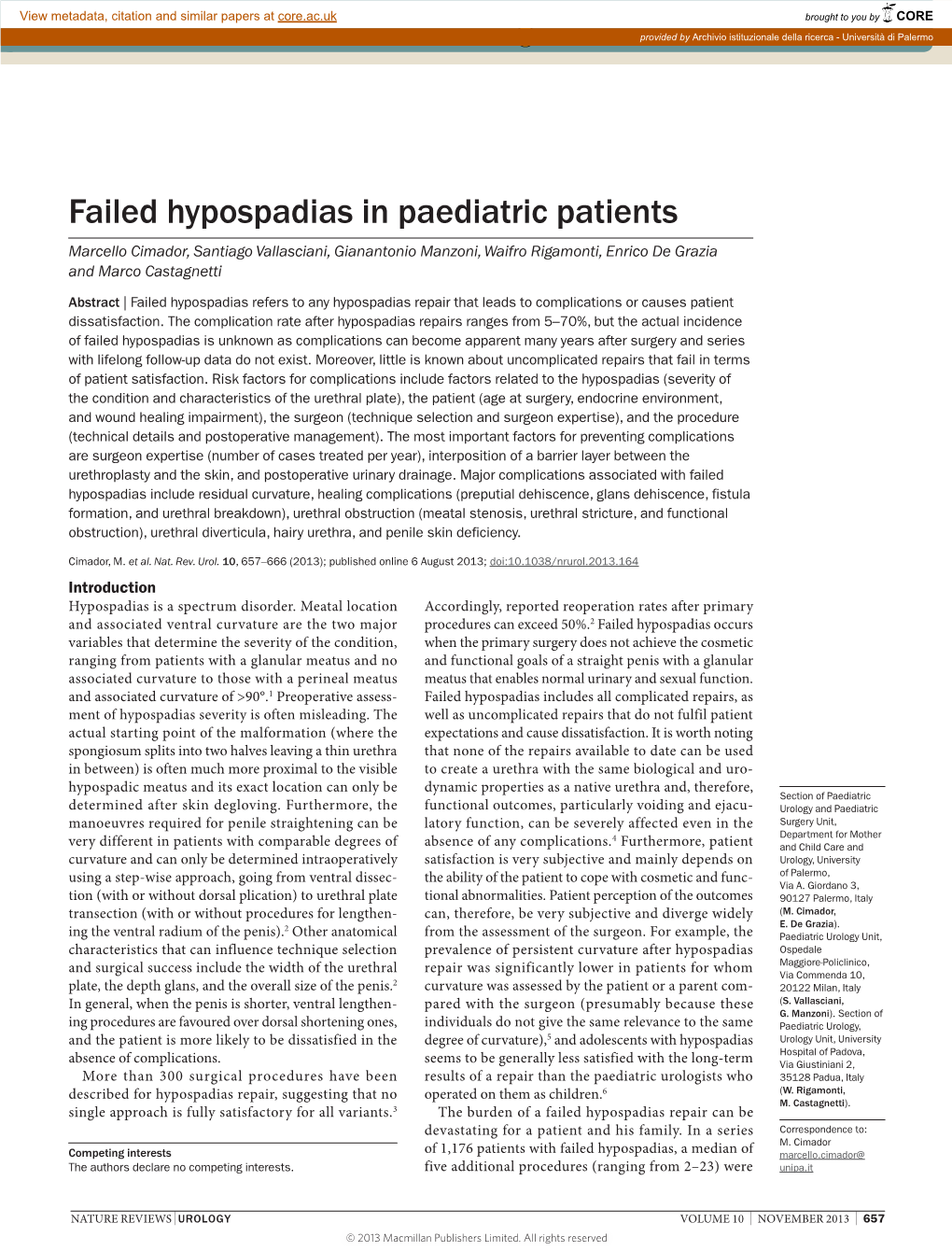 Failed Hypospadias in Paediatric Patients Marcello Cimador, Santiago Vallasciani, Gianantonio Manzoni, Waifro Rigamonti, Enrico De Grazia and Marco Castagnetti