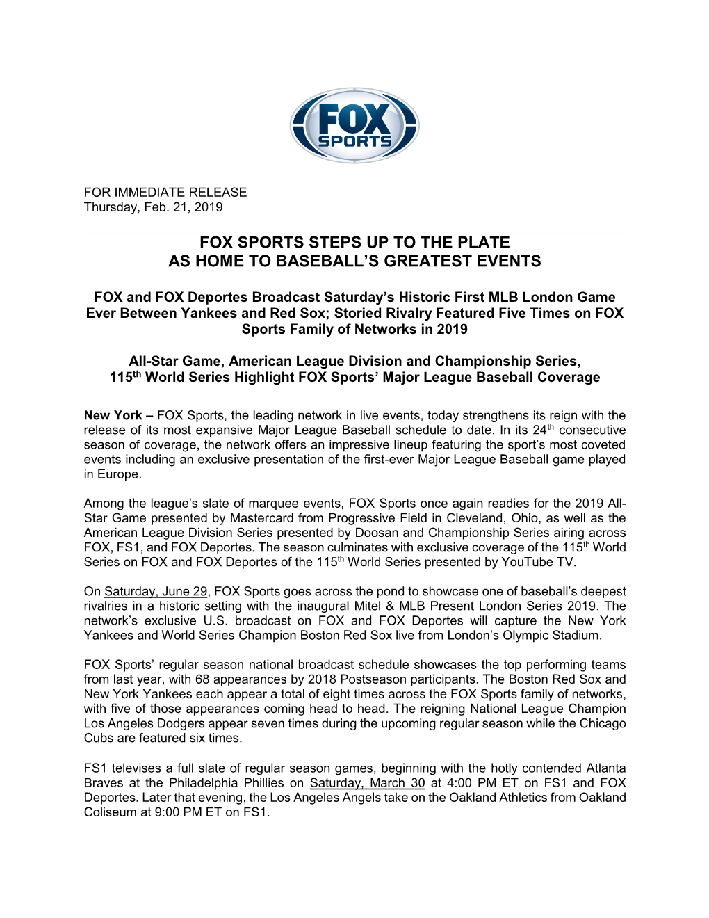 FOX Sports Steps up to the Plate As Home to Baseball's