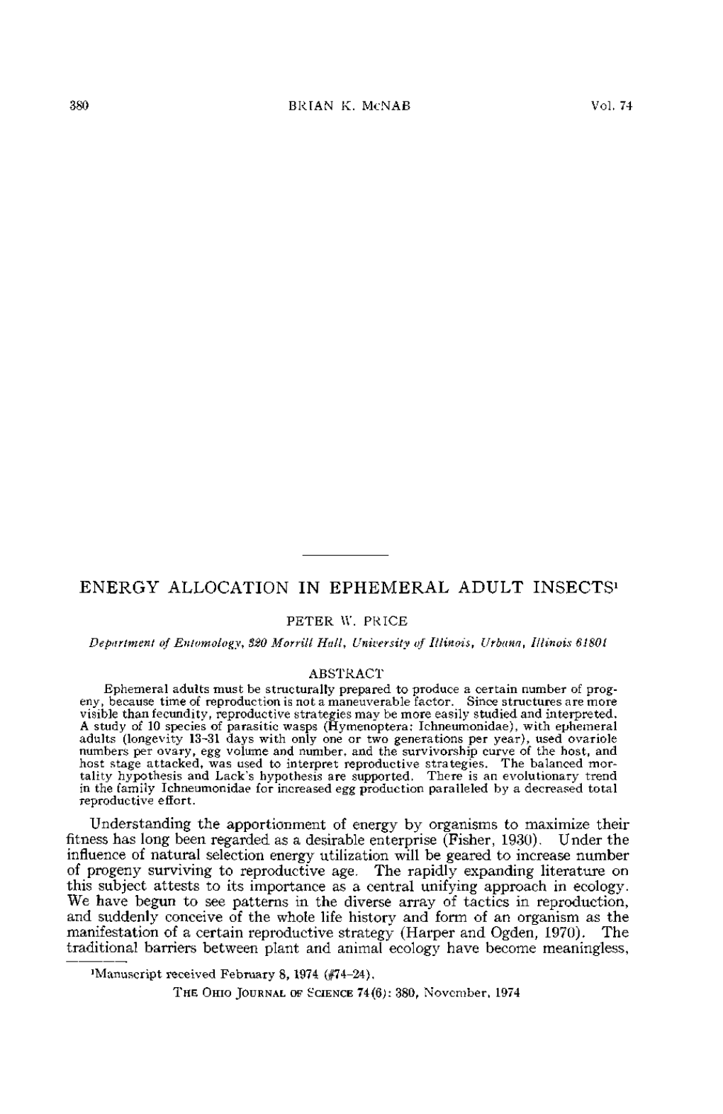 Energy Allocation in Ephemeral Adult Insects1