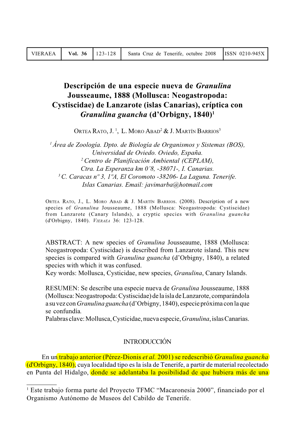Descripción De Una Especie Nueva De Granulina Jousseaume, 1888 (Mollusca: Neogastropoda: Cystiscidae) De Lanzarote (Islas Canar
