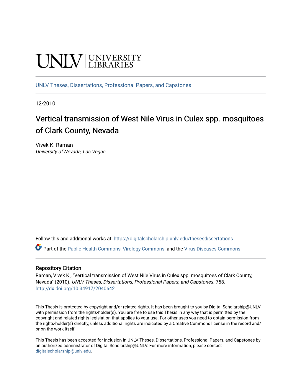Vertical Transmission of West Nile Virus in Culex Spp. Mosquitoes of Clark County, Nevada