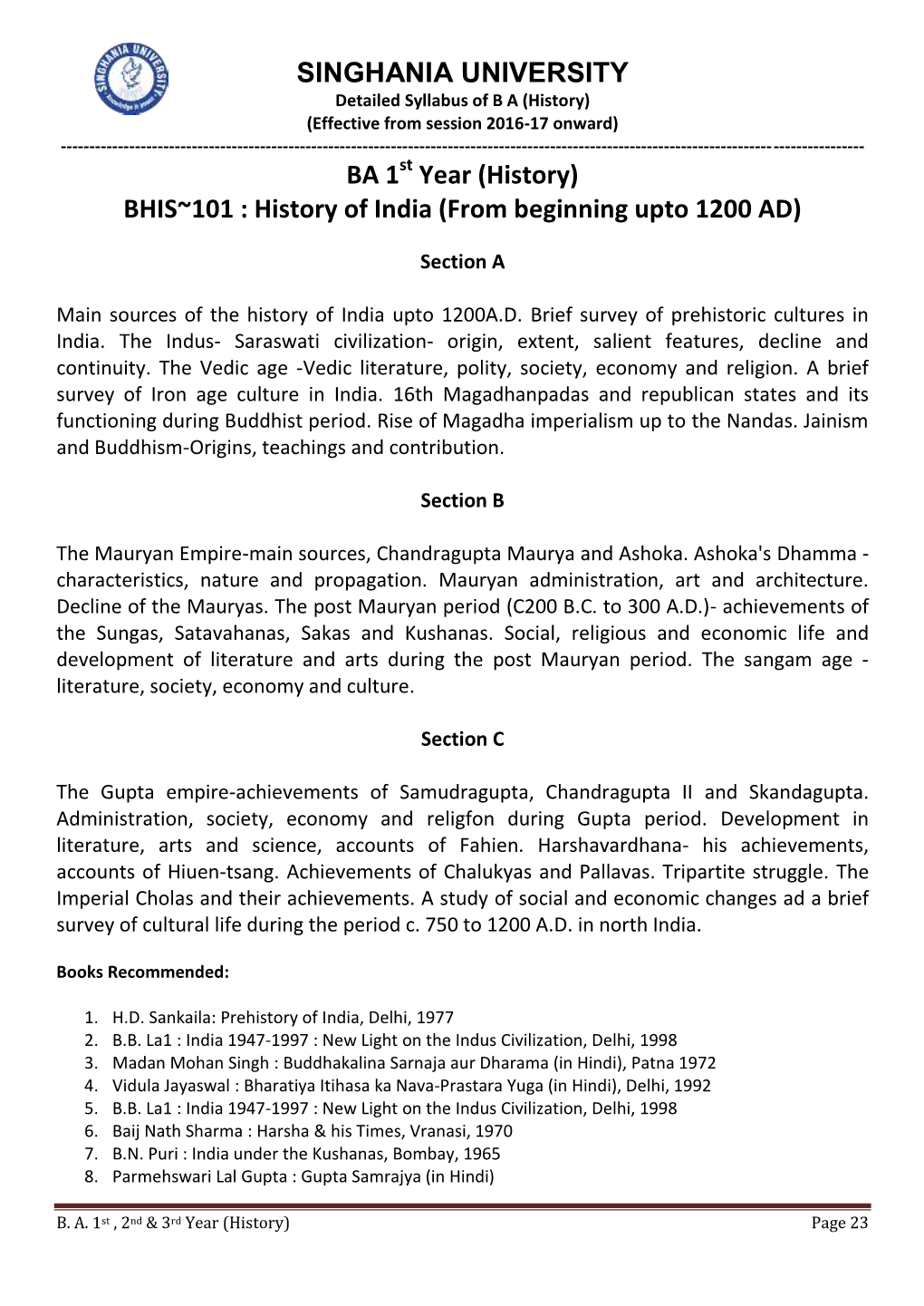 BHIS~101 : History of India (From Beginning Upto 1200 AD)