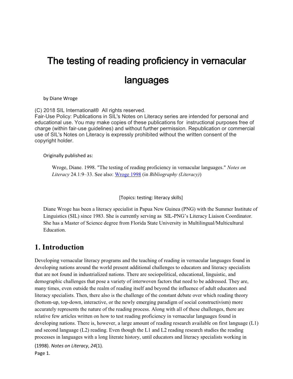 The Testing of Reading Proficiency in Vernacular Languages." Notes on Literacy 24.1:9–33