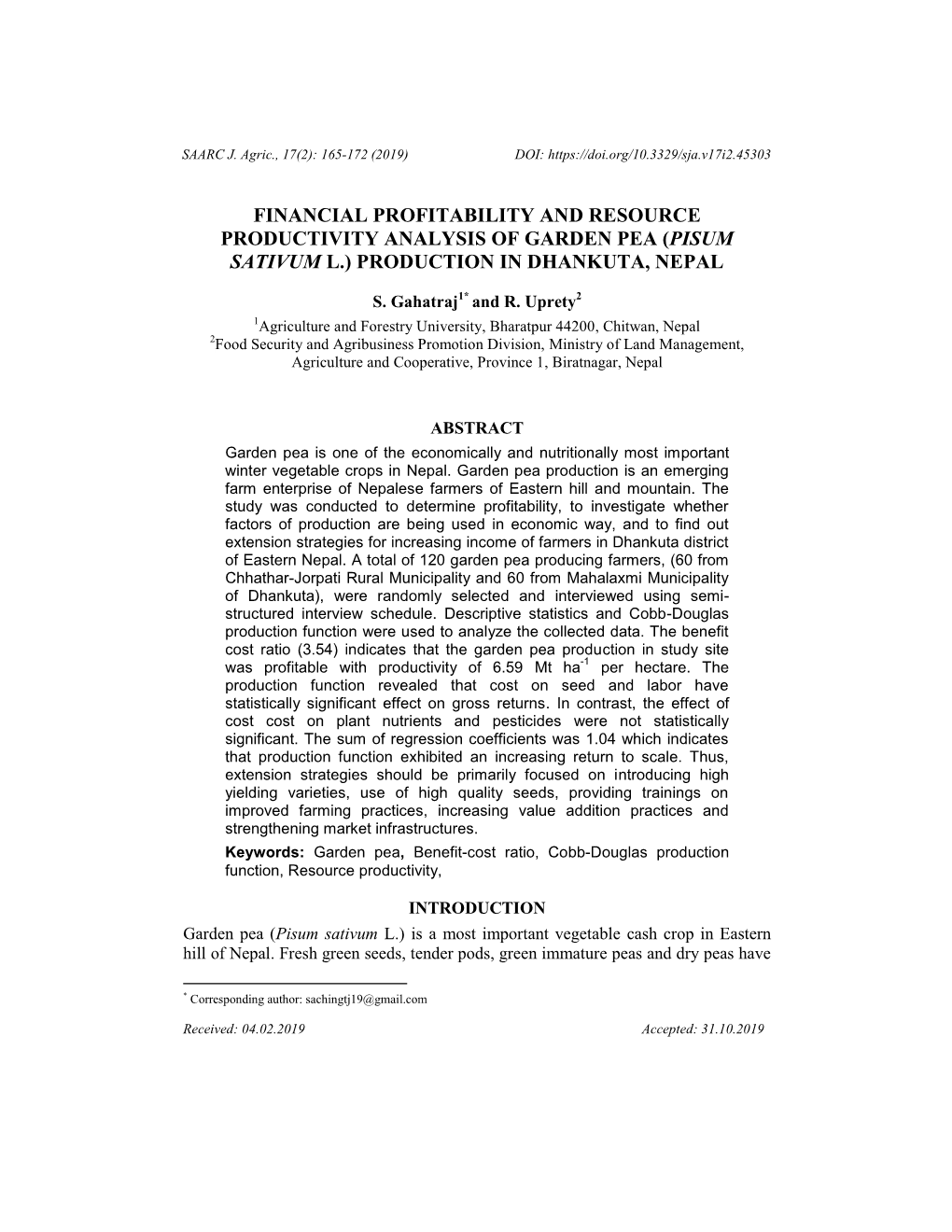 Financial Profitability and Resource Productivity Analysis of Garden Pea (Pisum Sativum L.) Production in Dhankuta, Nepal