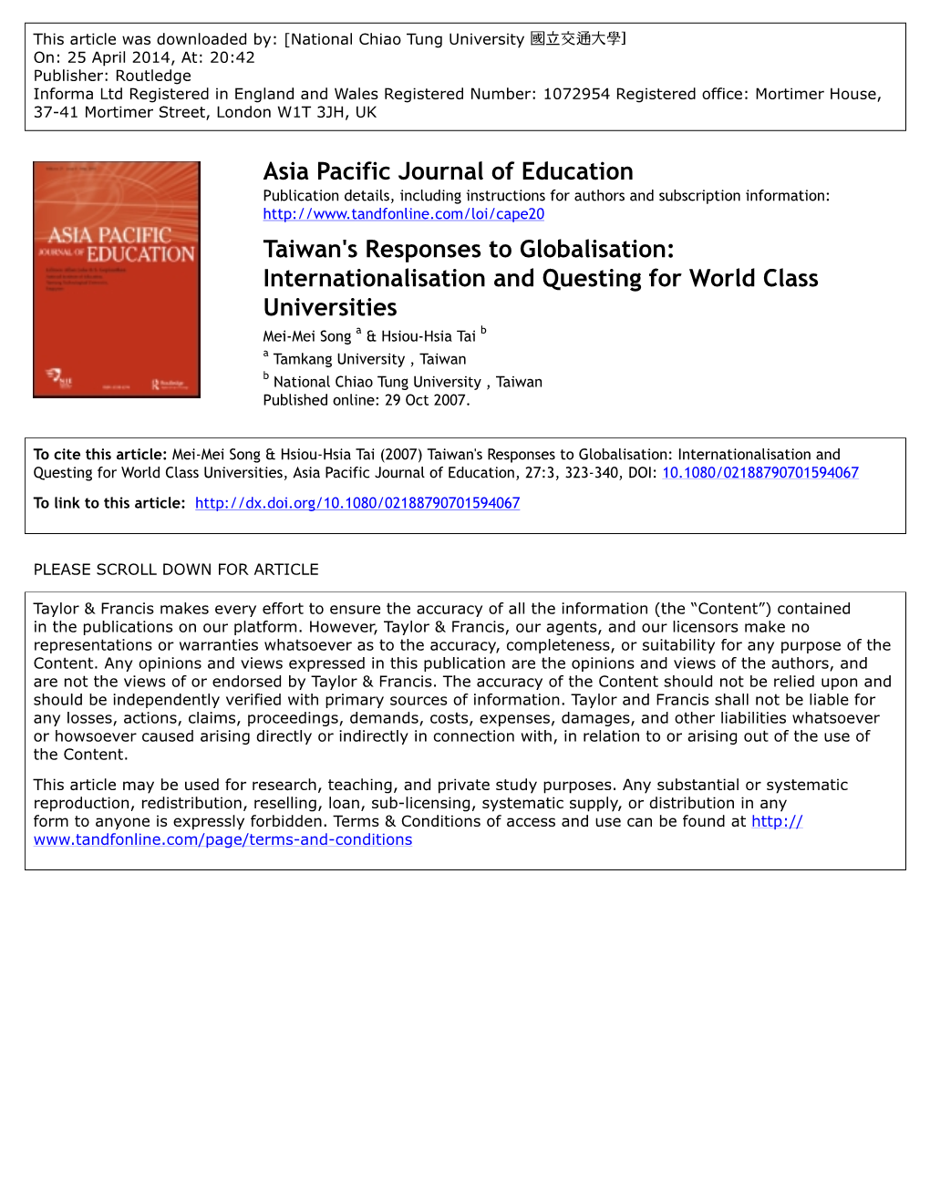 Asia Pacific Journal of Education Taiwan's Responses to Globalisation