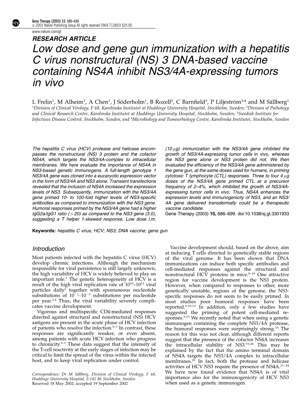 (NS) 3 DNA-Based Vaccine Containing NS4A Inhibit NS3/4A-Expressing Tumors in Vivo