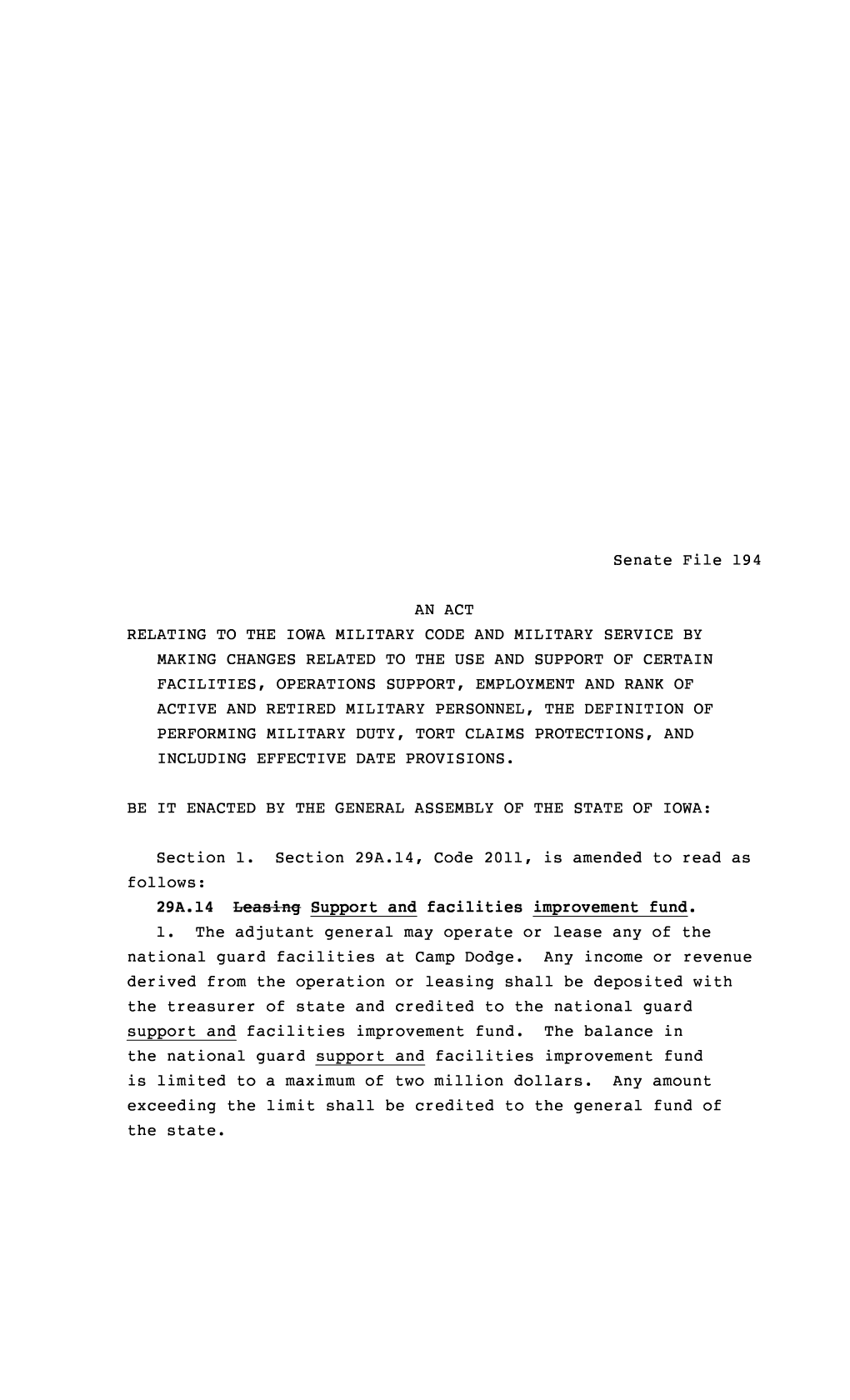 Senate File 194 an ACT RELATING to the IOWA MILITARY CODE