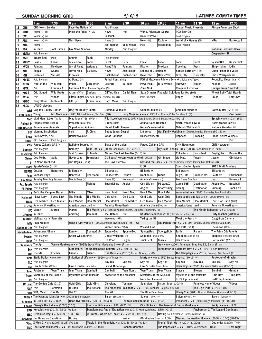 Sunday Morning Grid 5/10/15 Latimes.Com/Tv Times