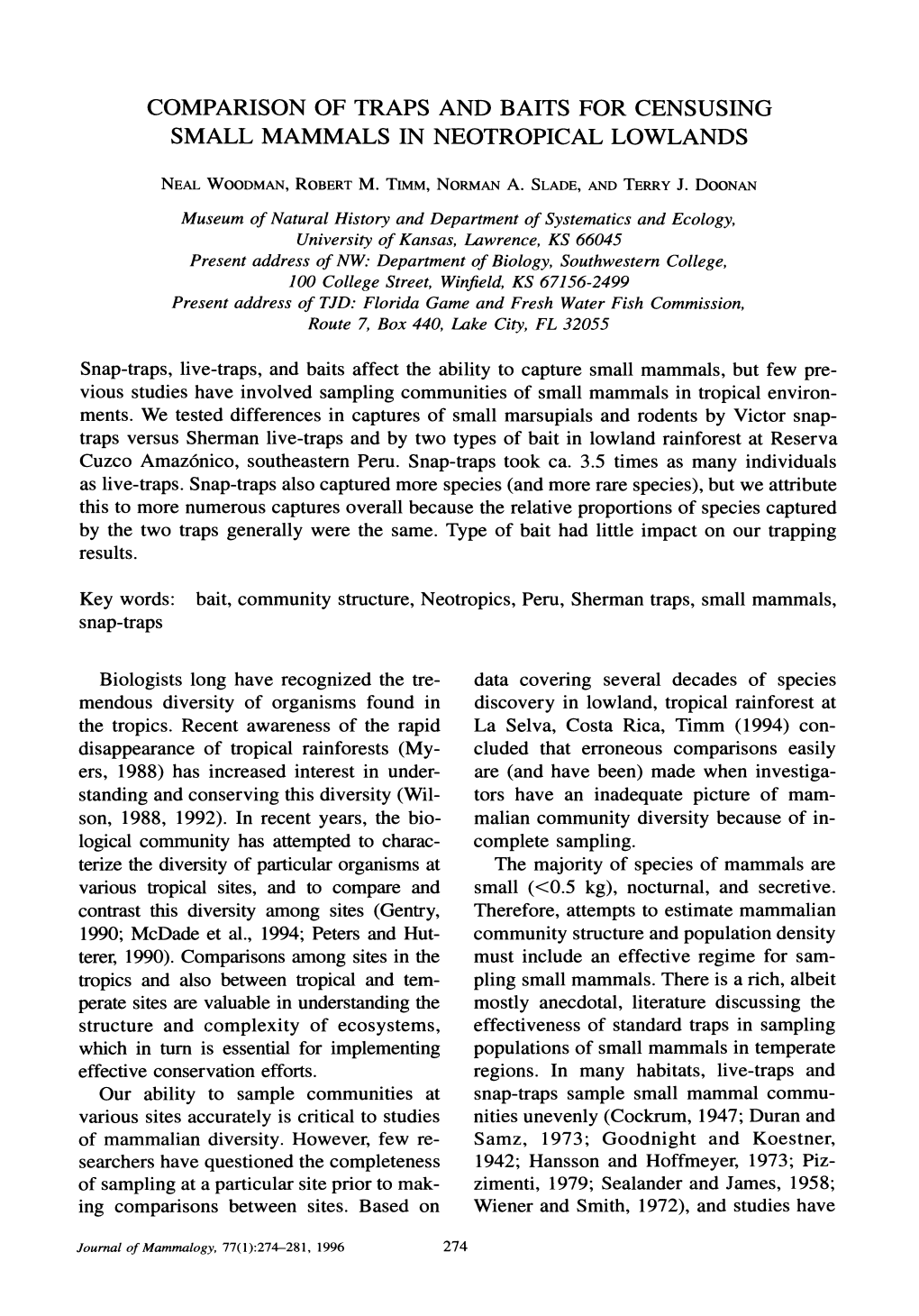 Comparison of Traps and Baits for Censusing Small Mammals in Neotropical Lowlands