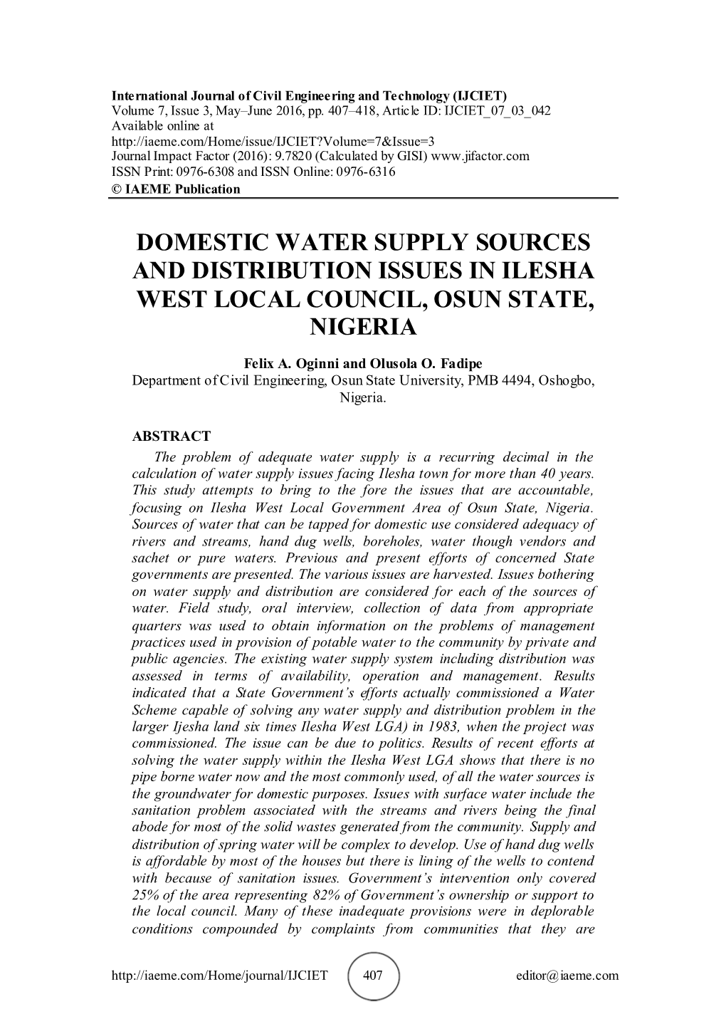 Domestic Water Supply Sources and Distribution Issues in Ilesha West Local Council, Osun State, Nigeria