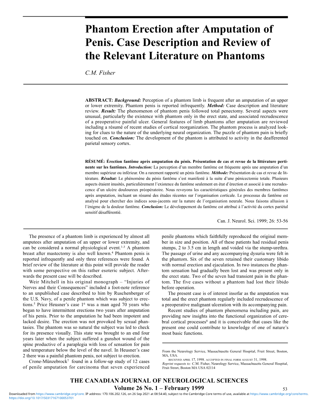 Phantom Erection After Amputation of Penis. Case Description and Review of the Relevant Literature on Phantoms