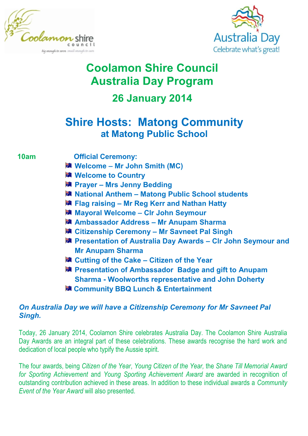Matong Community Coolamon Shire Council Australia Day Program