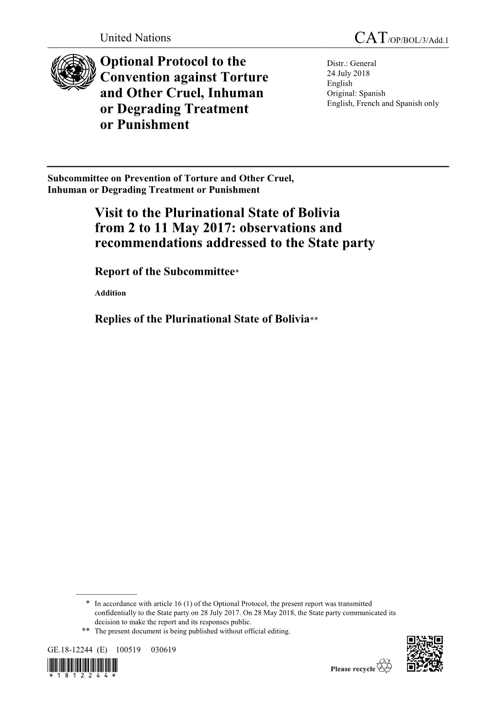 Page 1 GE.18-12244 (E) 100519 030619 Subcommittee On