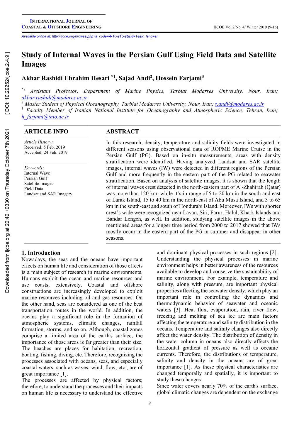 Study of Internal Waves in the Persian Gulf Using Field Data and Satellite Images