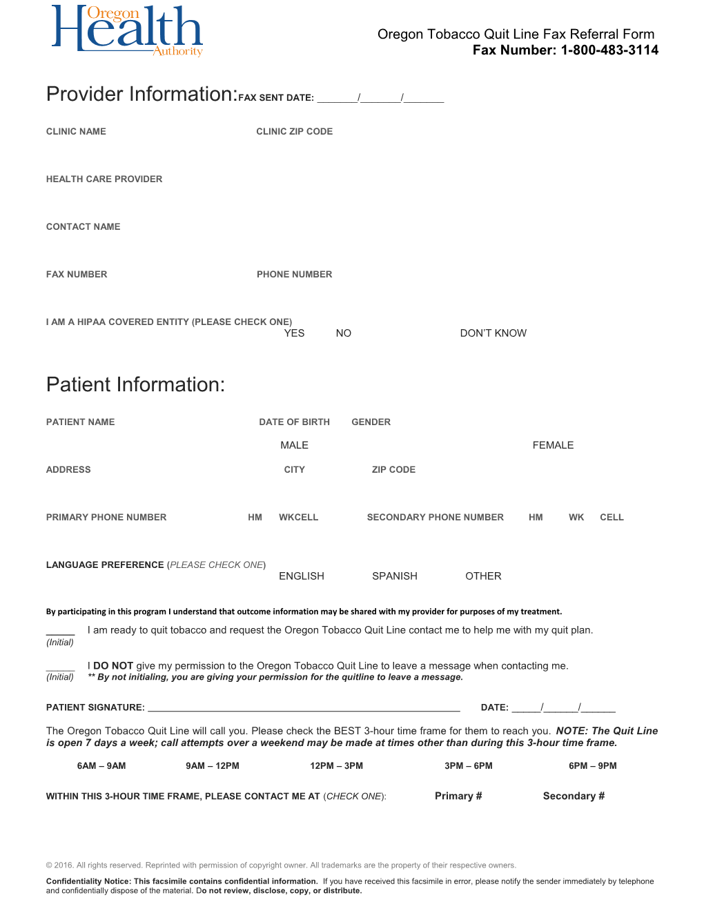 <NAME> Quitline FAX Referral Form