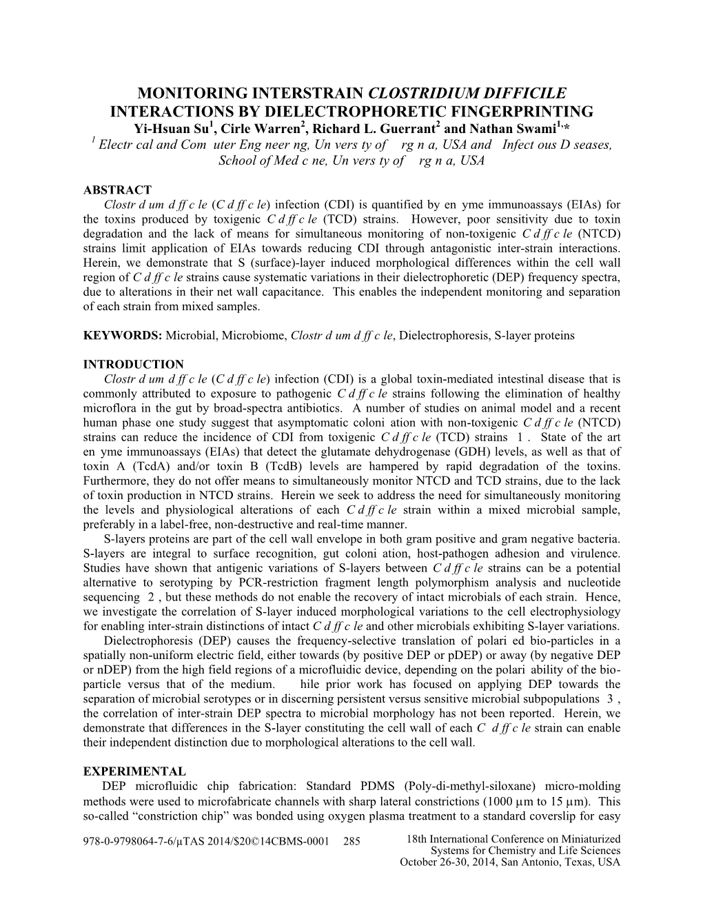 MONITORING INTERSTRAIN CLOSTRIDIUM DIFFICILE INTERACTIONS by DIELECTROPHORETIC FINGERPRINTING Yi-Hsuan Su1, Cirle Warren2, Richard L