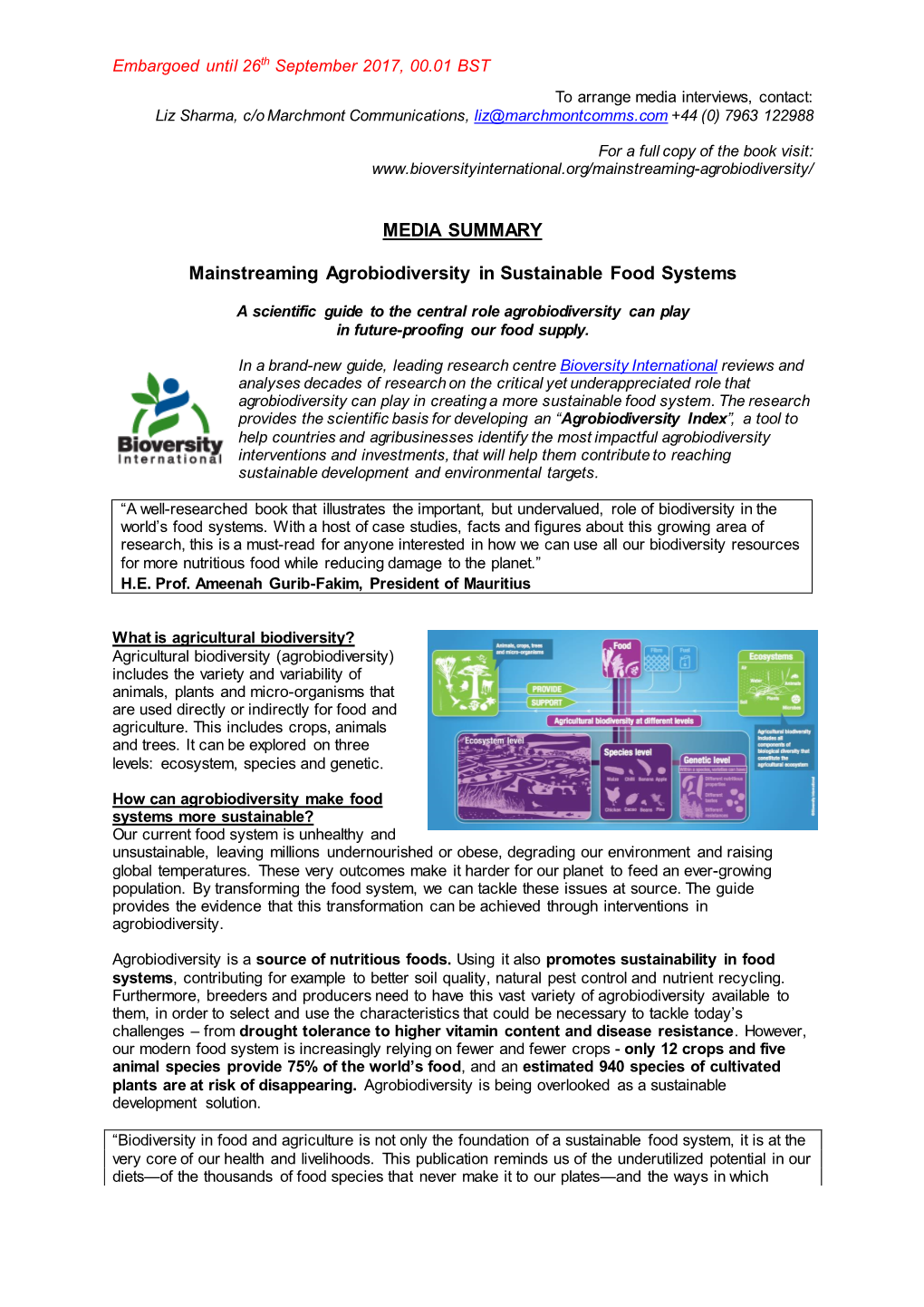 MEDIA SUMMARY Mainstreaming Agrobiodiversity in Sustainable