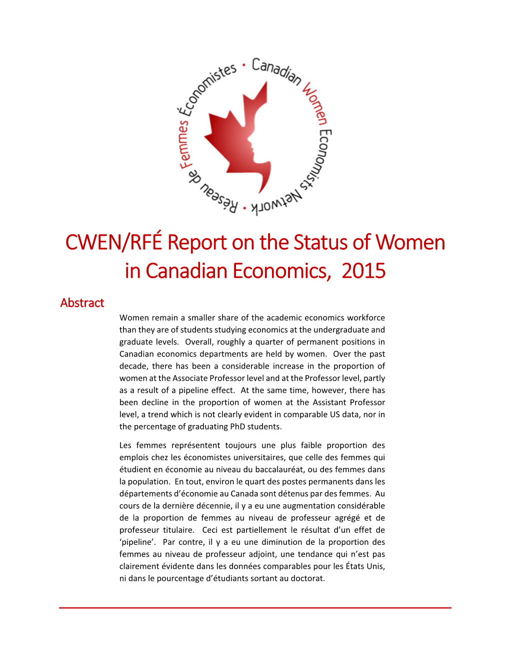 CWEN/RFÉ Report on the Status of Women in Canadian Economics, 2015