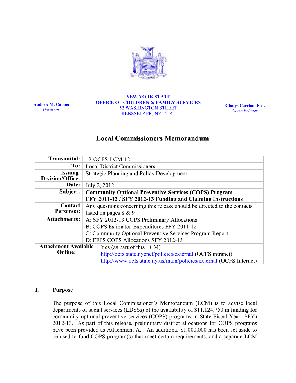 12-OCFS-LCM-12, Community Optional Preventive Services (COPS) Program FFY 2011-12 / SFY