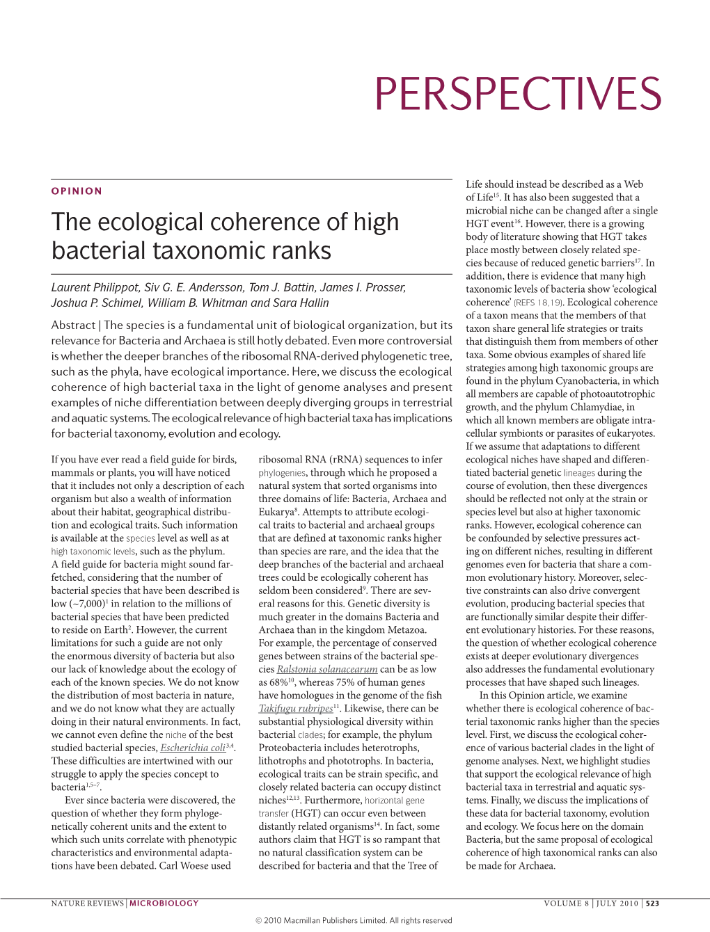 The Ecological Coherence of High Bacterial Taxonomic Ranks