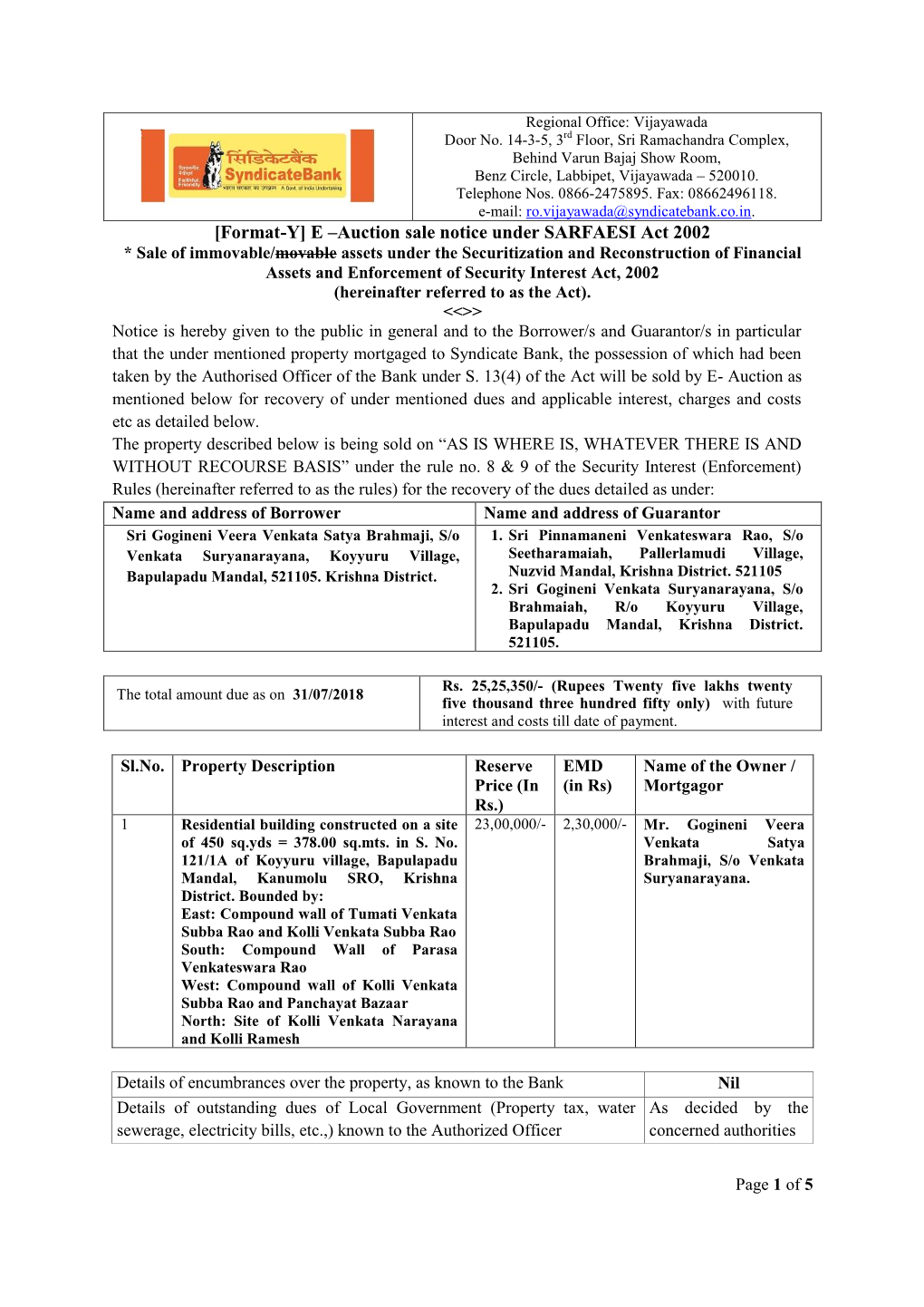 E –Auction Sale Notice Under SARFAESI Act 2002