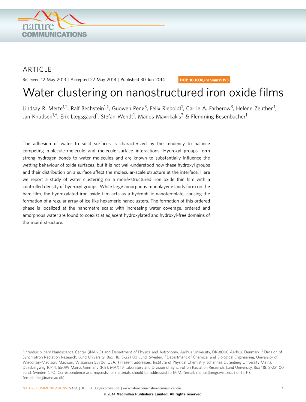 Water Clustering on Nanostructured Iron Oxide Films