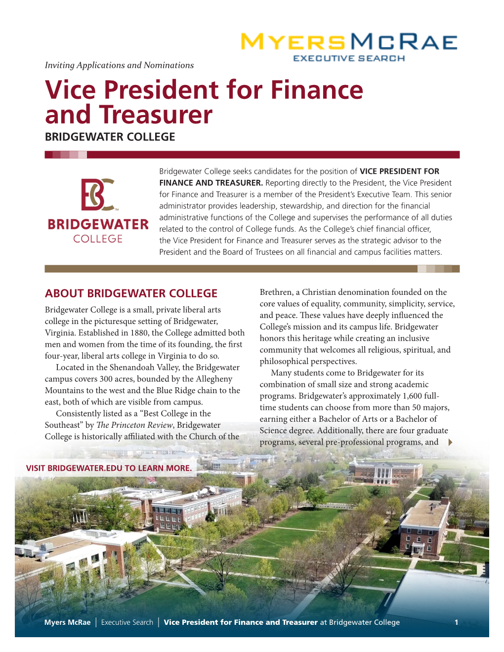 Vice President for Finance and Treasurer Bridgewater College