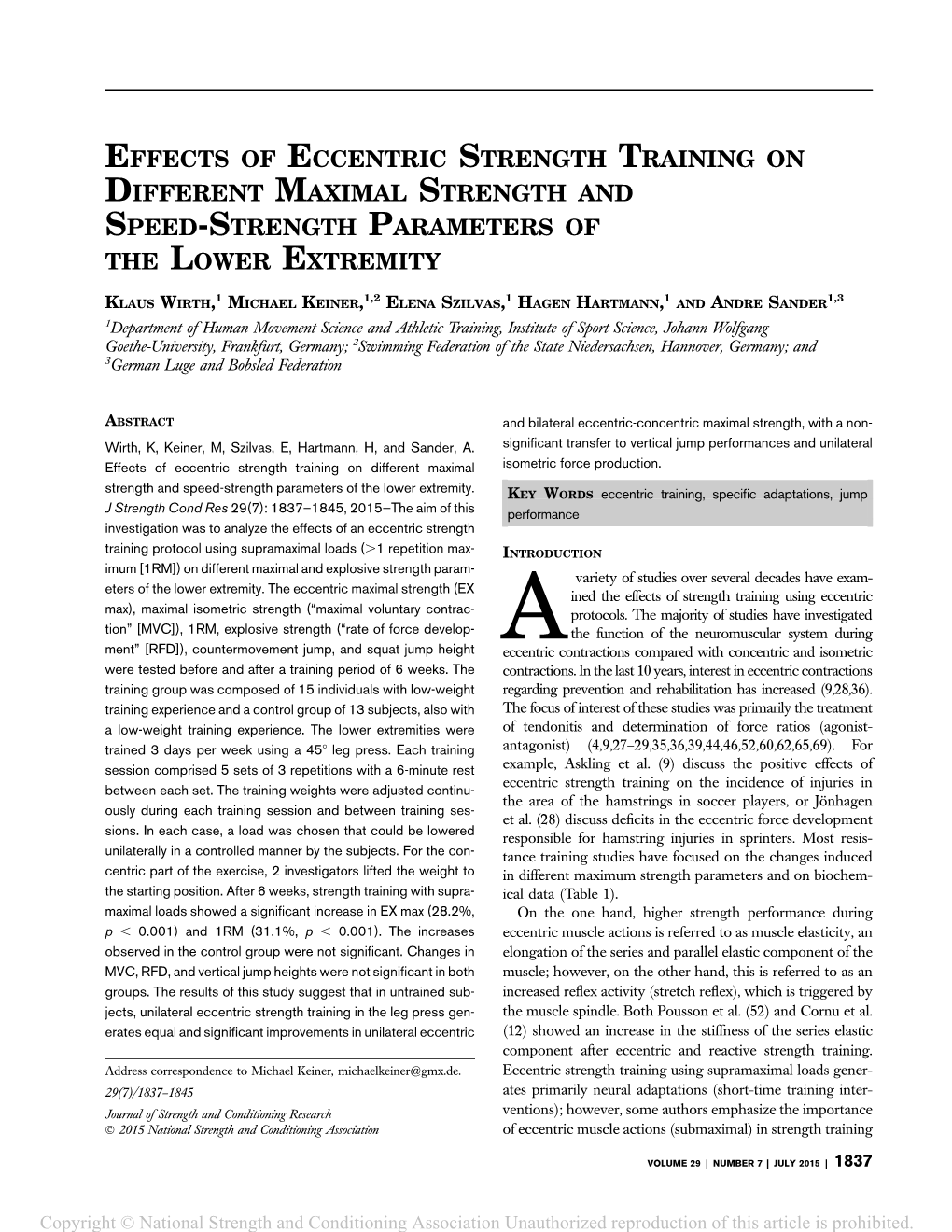 Effects of Eccentric Strength Training on Different Maximal Strength and Speed-Strength Parameters of the Lower Extremity