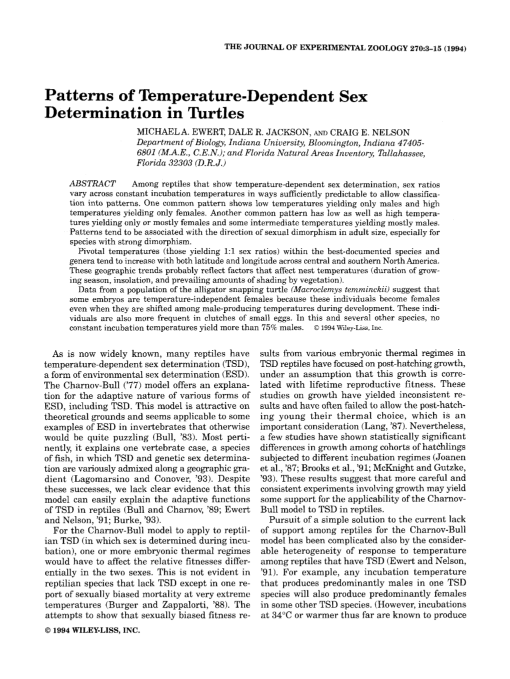 Patterns of Temperature-Dependent Sex Determination in Turtles