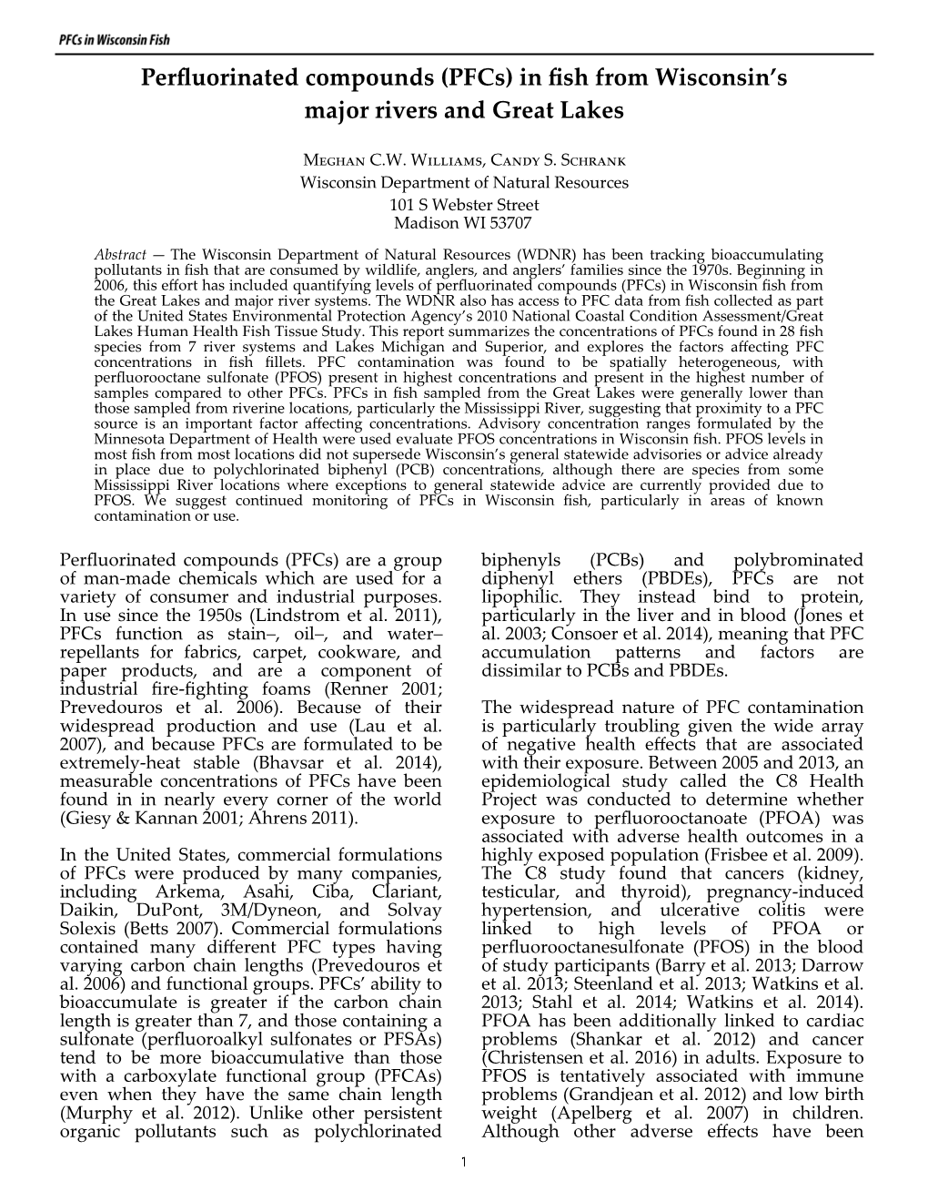 Perfluorinated Compounds (Pfcs) in Fish from Wisconsin's Major Rivers and Great Lakes