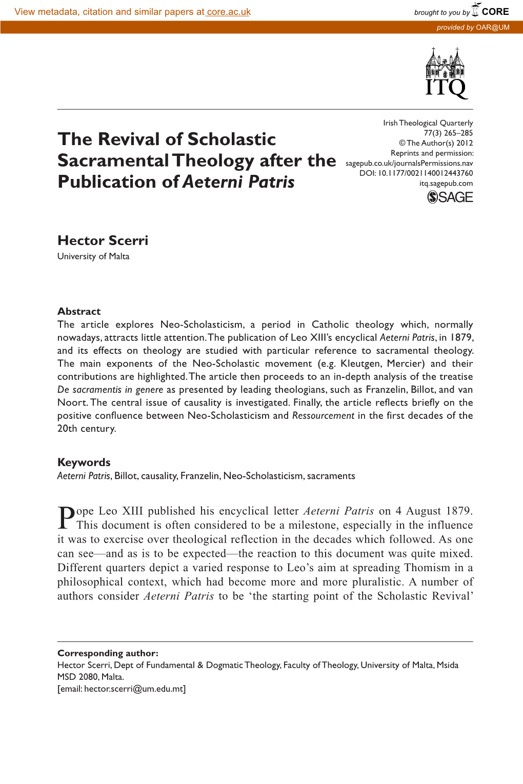 The Revival of Scholastic Sacramental Theology After the Publication Of