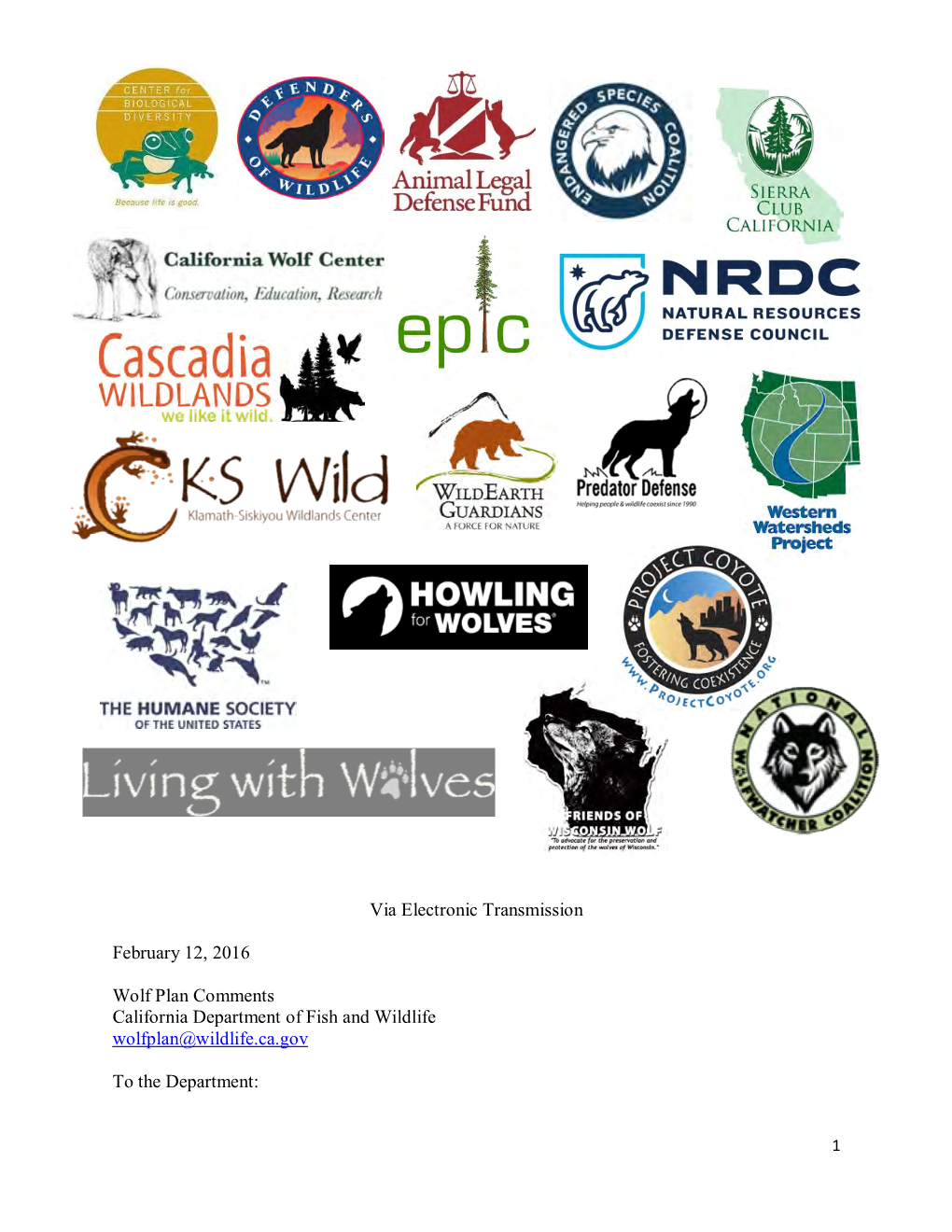 California Wolf Plan Comments and Appendices