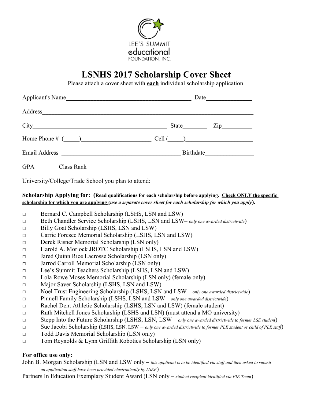 LSNHS 2017 Scholarship Cover Sheet