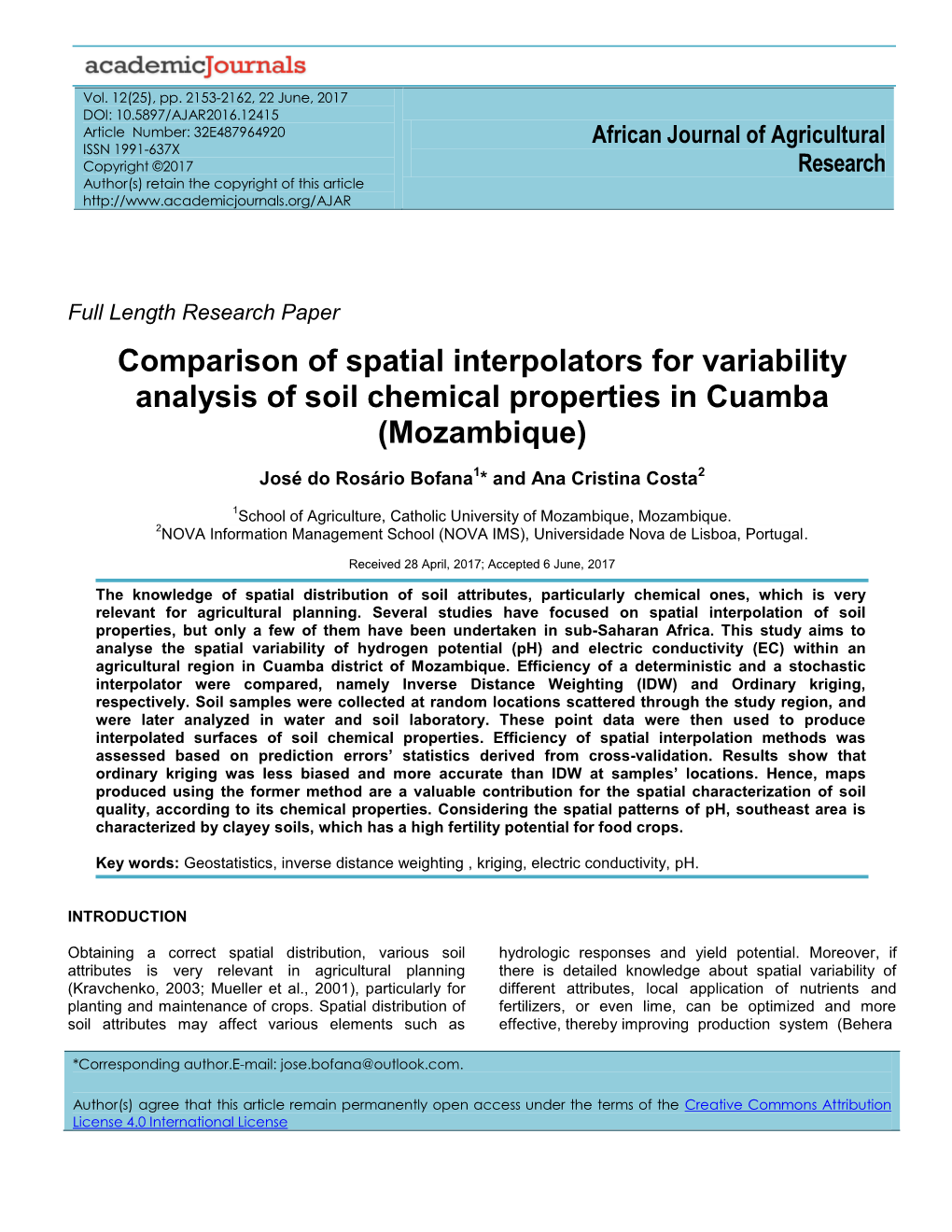 Comparison of Spatial Interpolators for Variability Analysis of Soil Chemical Properties in Cuamba (Mozambique)