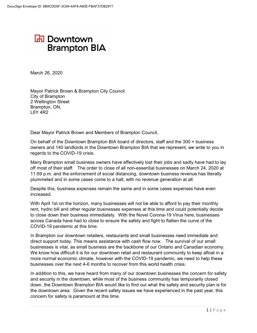 DBBIA Letter to the City of Brampton