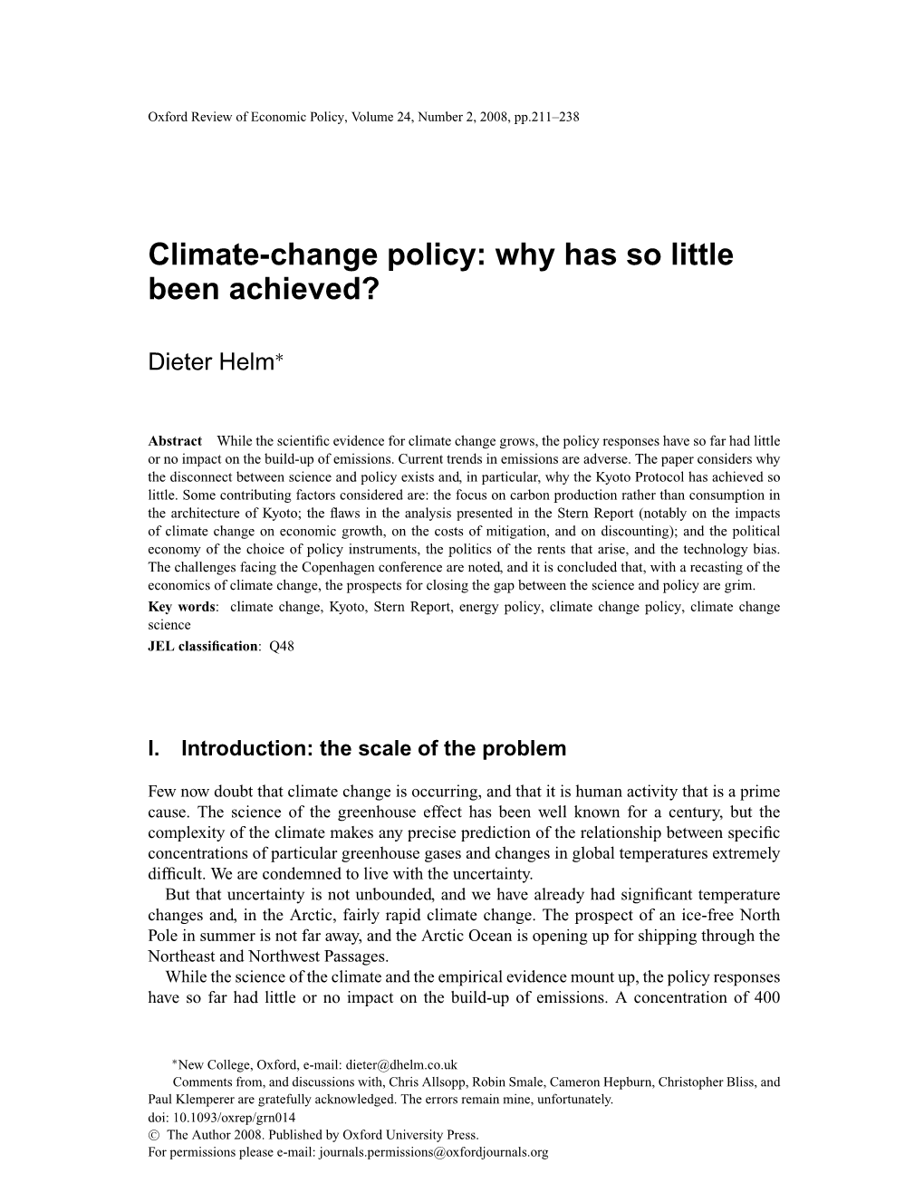 Climate-Change Policy: Why Has So Little Been Achieved?