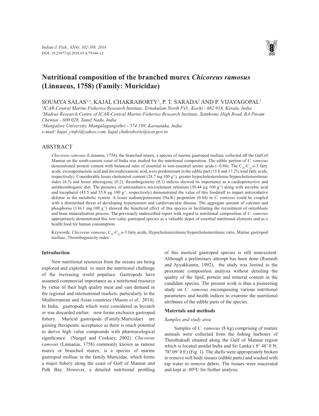 Nutritional Composition of the Branched Murex Chicoreus Ramosus (Linnaeus, 1758) (Family: Muricidae)