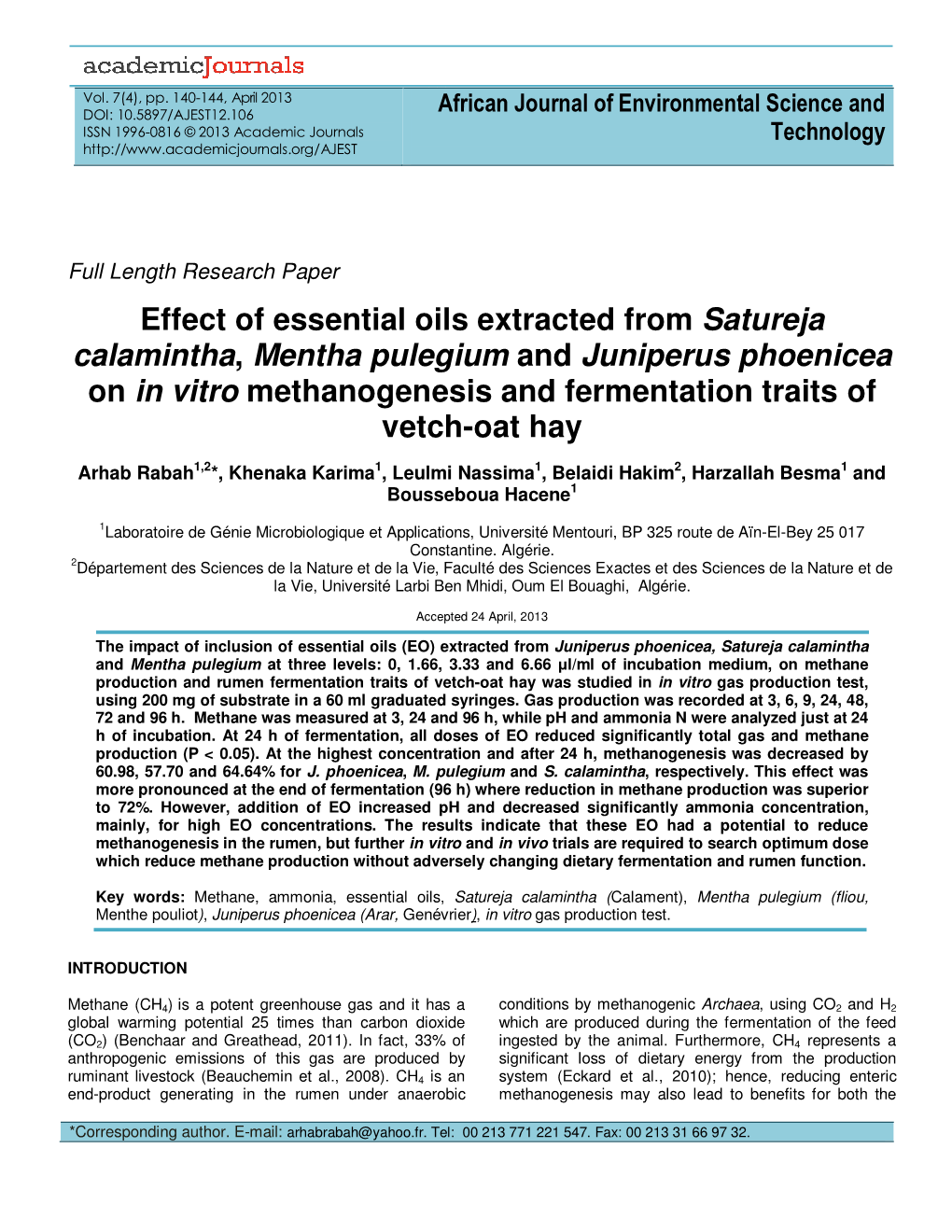 Effect of Essential Oils Extracted from Satureja Calamintha, Mentha