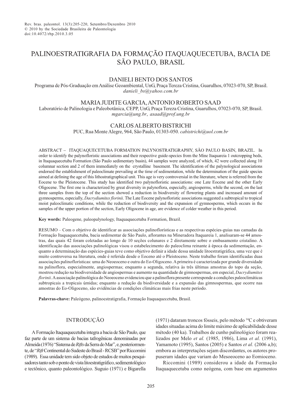 Palinoestratigrafia Da Formação Itaquaquecetuba, Bacia De São Paulo, Brasil