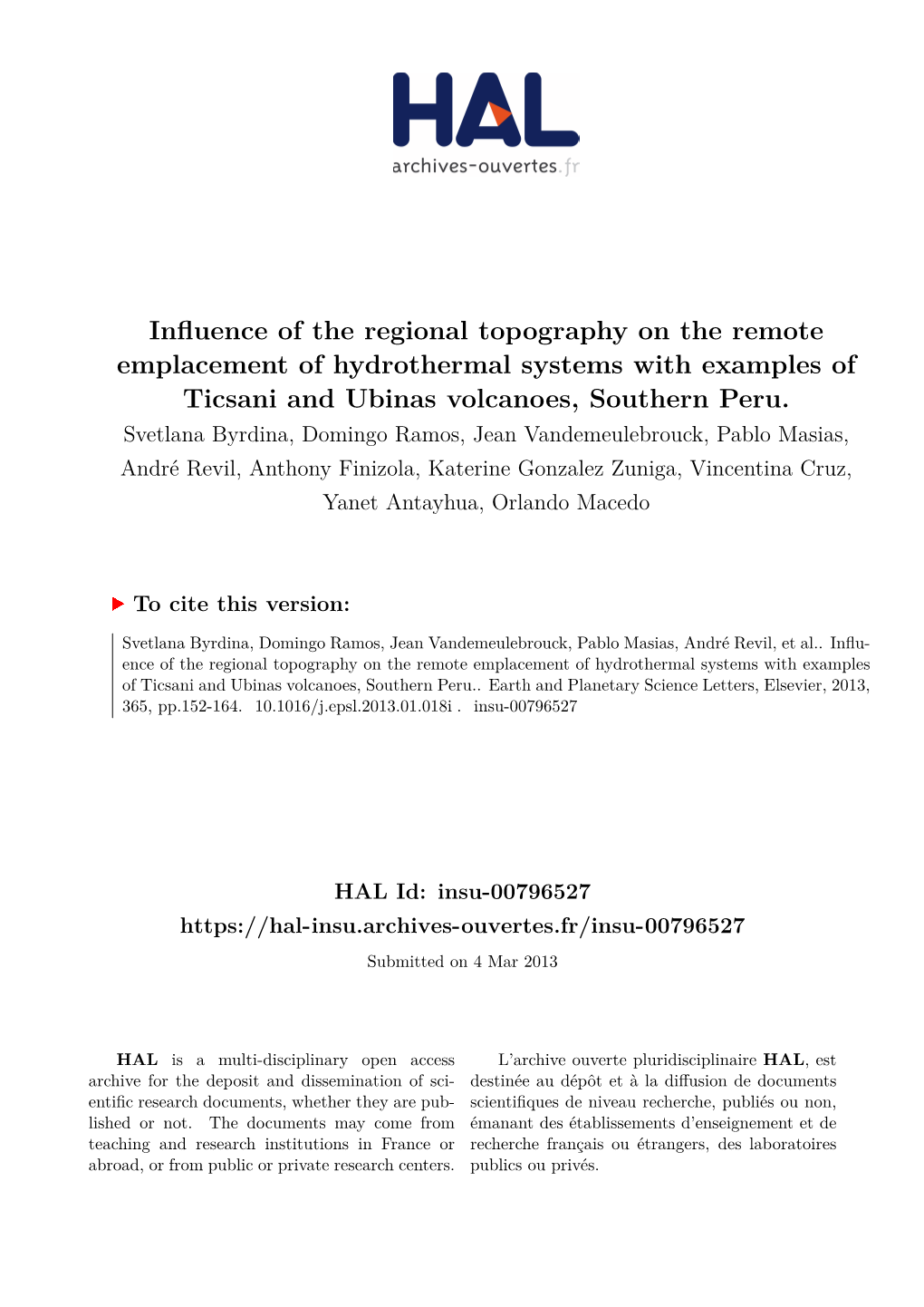 Influence of the Regional Topography on the Remote Emplacement of Hydrothermal Systems with Examples of Ticsani and Ubinas Volcanoes, Southern Peru