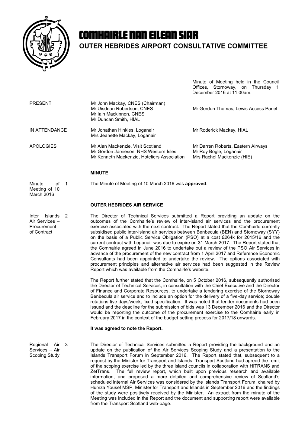 Minute of Meeting of Outer Hebrides Airport Consultative
