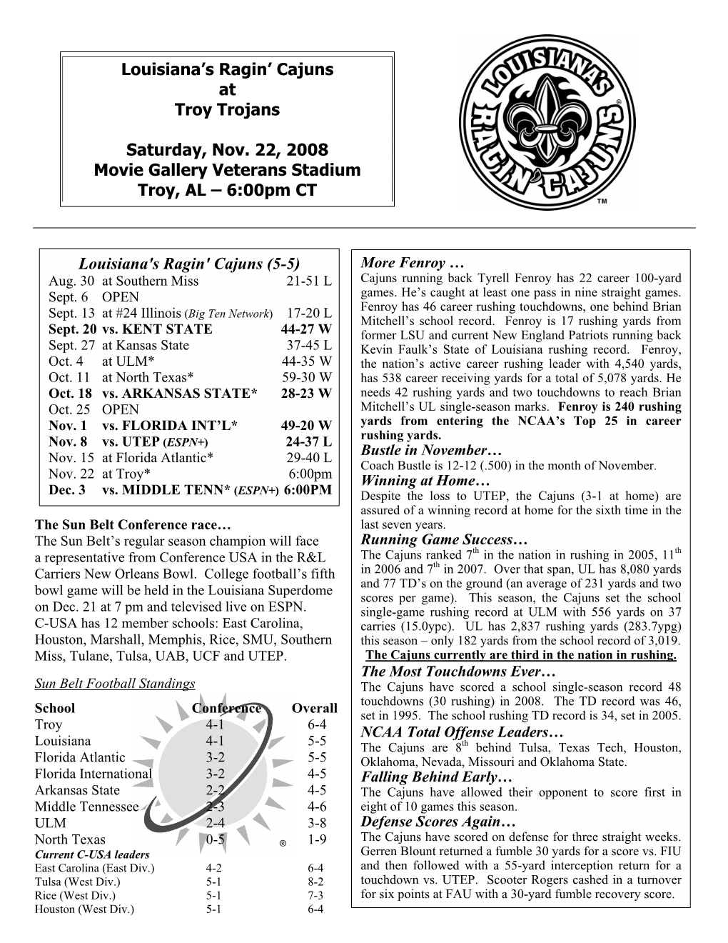 Louisiana's Ragin' Cajuns at Troy Trojans Saturday, Nov. 22, 2008 Movie Gallery Veterans Stadium Troy, AL – 6:00Pm CT Loui