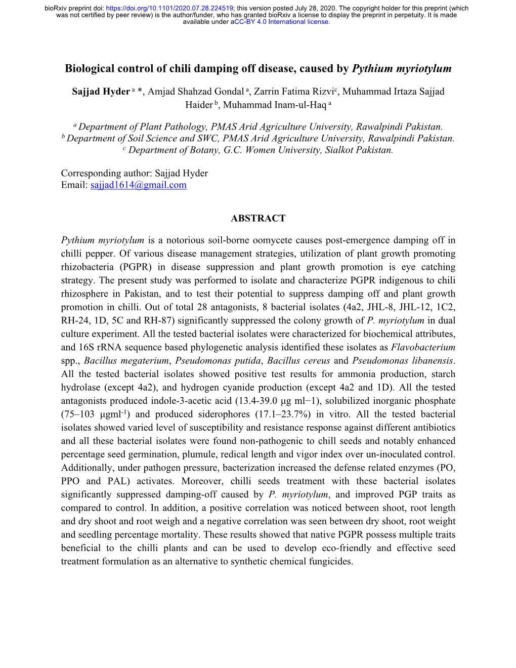 Biological Control of Chili Damping Off Disease, Caused by Pythium Myriotylum