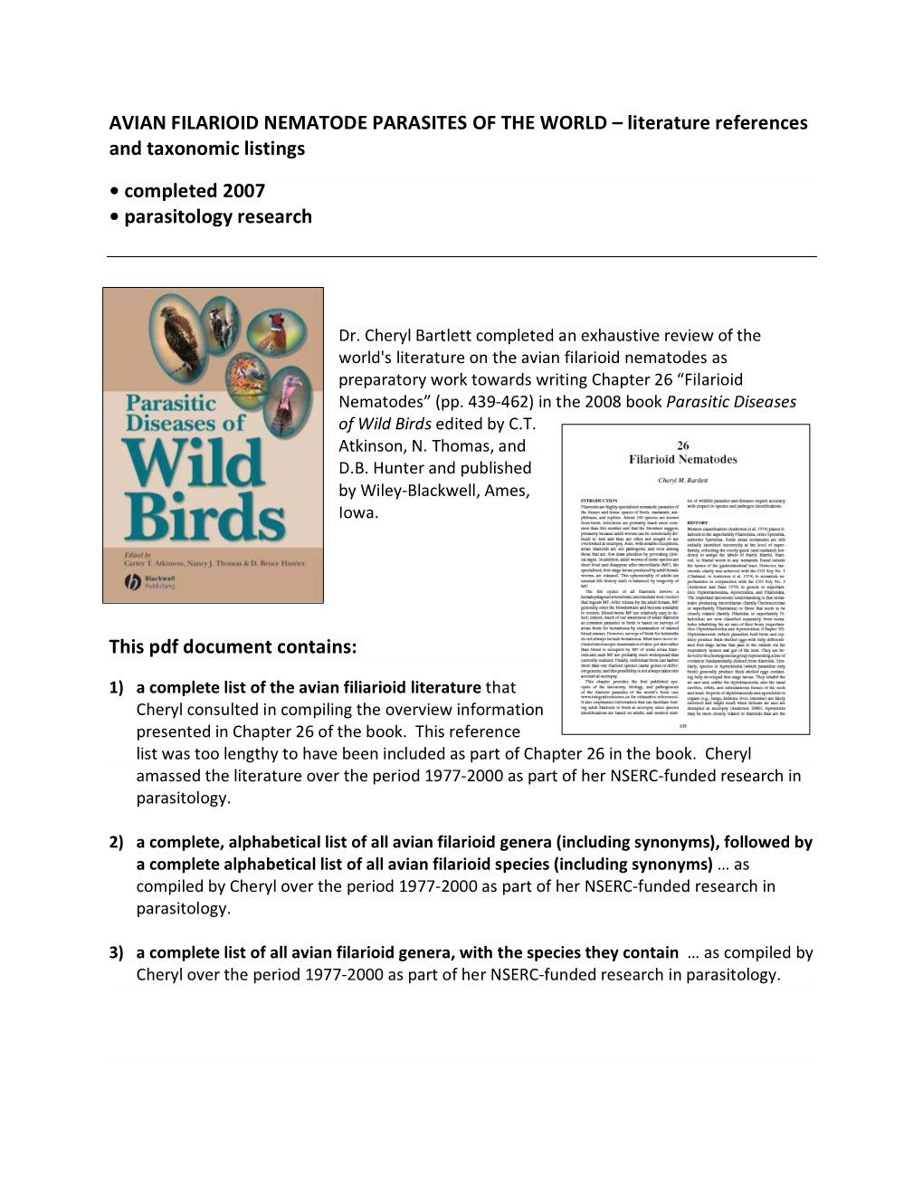 AVIAN FILARIOID NEMATODE PARASITES of the WORLD – Literature References and Taxonomic Listings