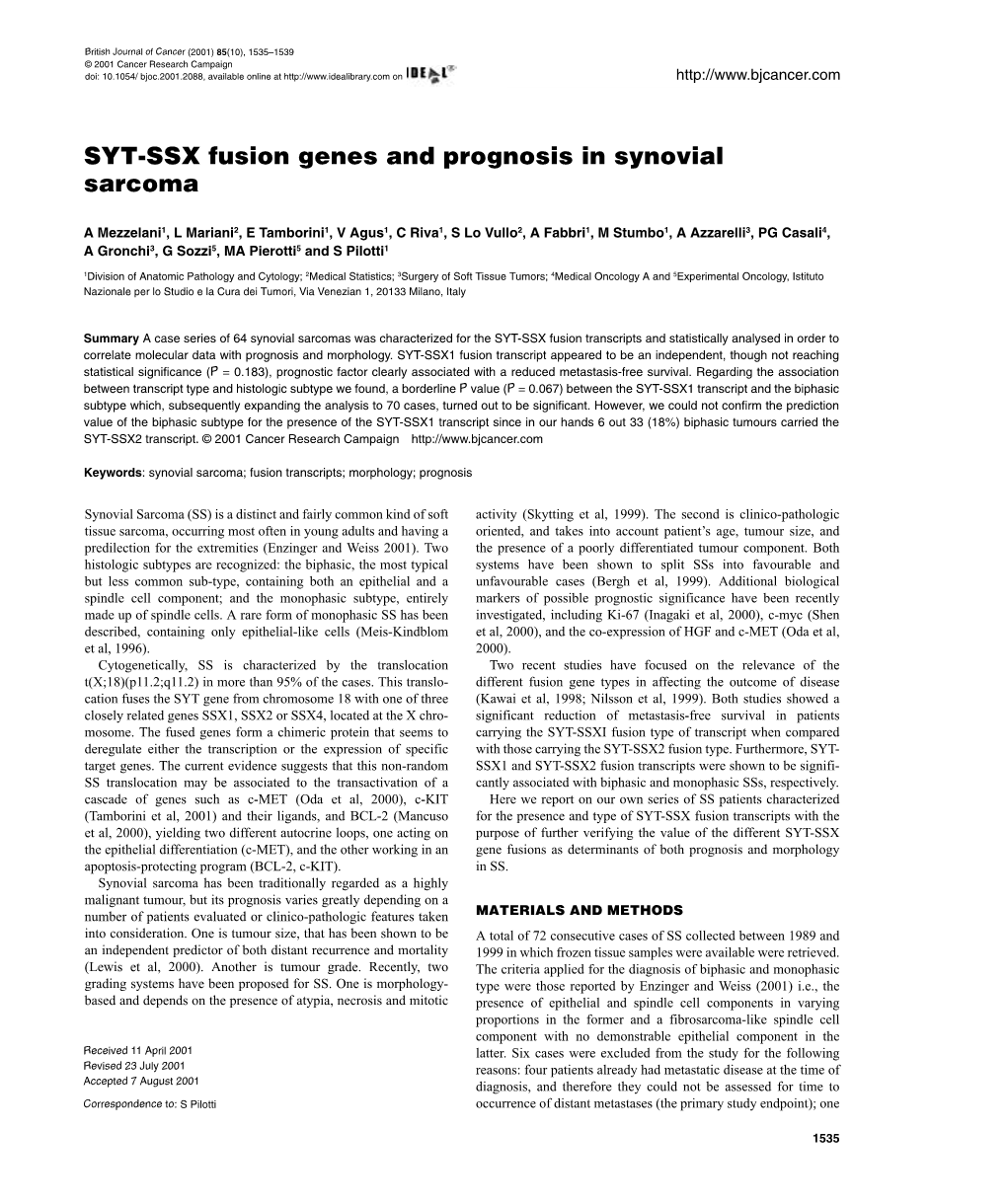 SYT-SSX Fusion Genes and Prognosis in Synovial Sarcoma