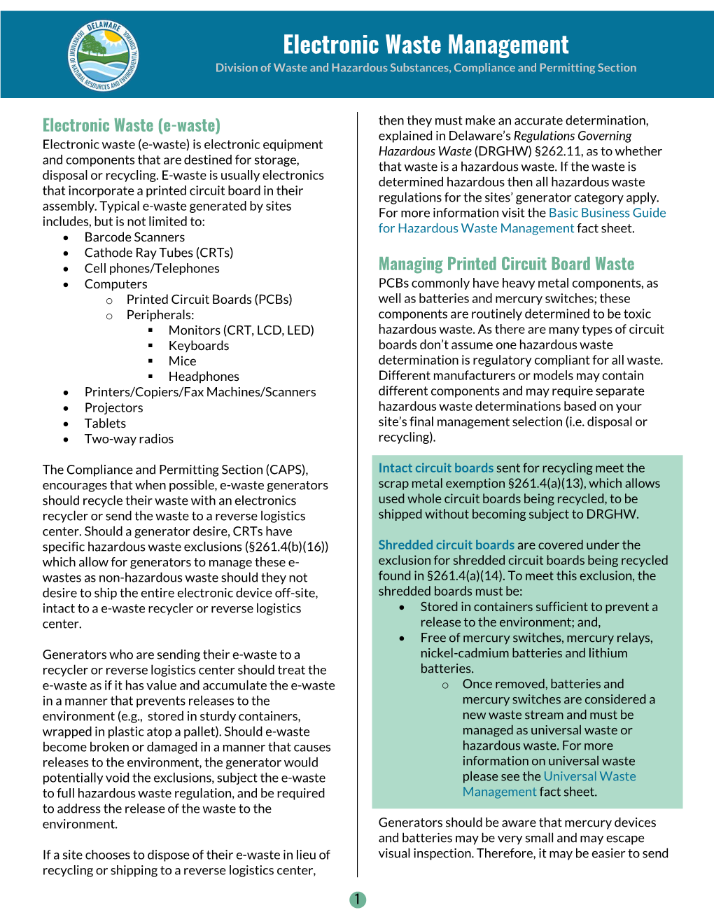 Electronic Waste Management Division of Waste and Hazardous Substances, Compliance and Permitting Section