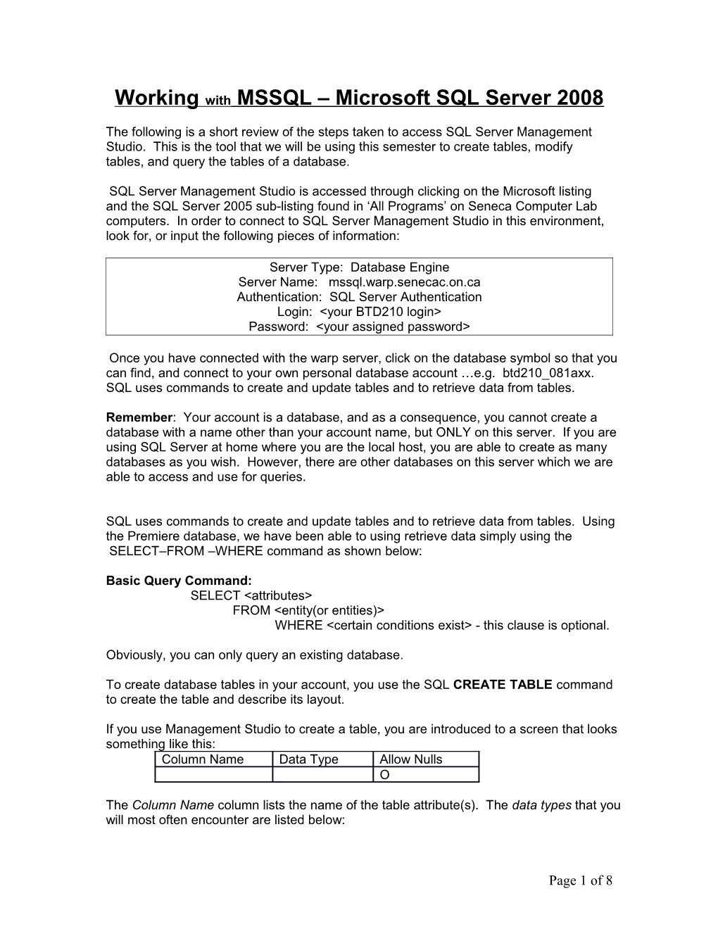 Working with MSSQL Microsoft SQL Server 2005